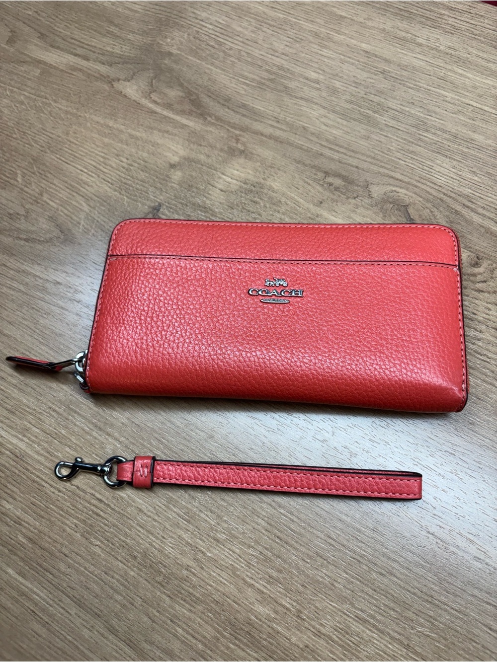 Coach Pebbled Zip-Around Wristlet Wallet in Coral Red